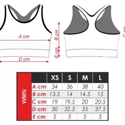 Top desportivo branco com detalhes pretos e tabela de medidas para tamanhos XS a L