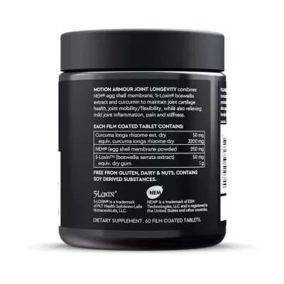 Frasco preto de suplemento dietético com texto detalhado em branco