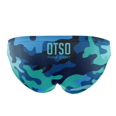 Cuecas de banho masculinas camuflado azul e verde com texto OTSO THINK SPORT