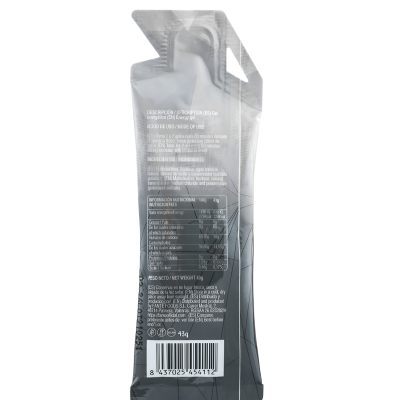 Embalagem cinzenta e preta com texto nutricional e código de barras