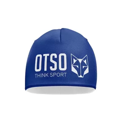 Gorro desportivo azul com texto branco OTOS THINK SPORT e logótipo de lobo