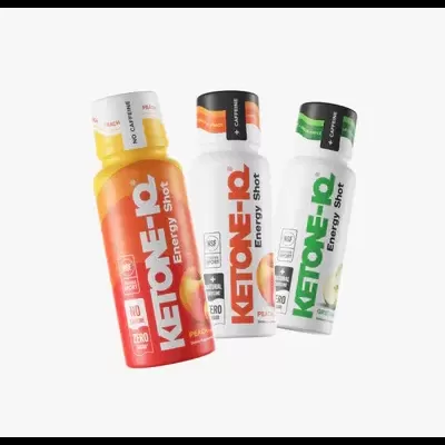 Frascos de bebida energética Keto One IQ em três cores diferentes