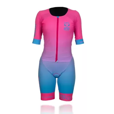 Fato de ciclismo rosa e azul com fecho frontal e mangas curtas