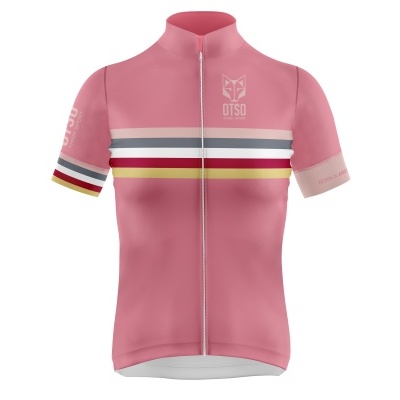 Camisola de ciclismo rosa com riscas coloridas e logótipo branco