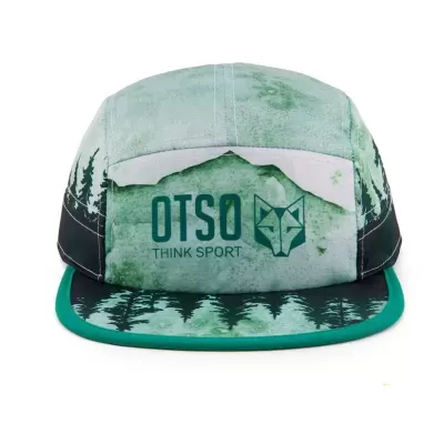 Boné verde desportivo com padrão de árvores e texto OTSO THINK SPORT