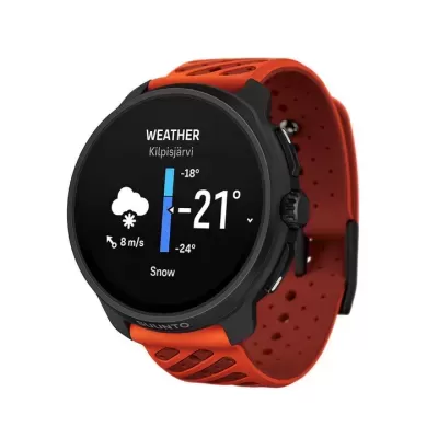 Relógio digital Suunto com bracelete laranja e ecrã preto a mostrar previsão do tempo.