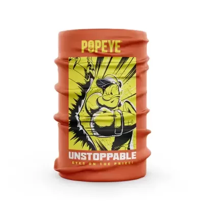 Cilindro laranja com ilustração de Popeye e texto 'POPEYE UNSTOPPABLE EYES ON THE PRIZE!'