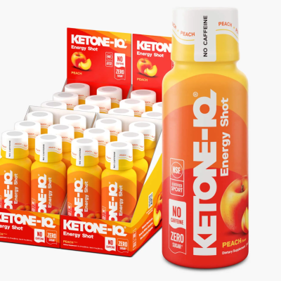 Frascos de energy shot Ketone-IQ sabor pêssego em embalagem vermelha e amarela