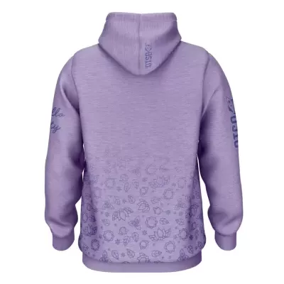 Casaco lilás com capuz e padrões, vista traseira