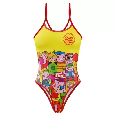 Fato de banho amarelo com personagens cartoon coloridos e alças vermelhas