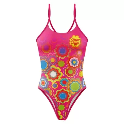 Fato de banho rosa com estampado colorido de flores e texto Chupa Chups