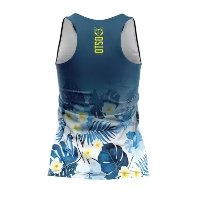 Camisola para desporto sem mangas com padrão floral azul e branco e texto OTSO amarelo