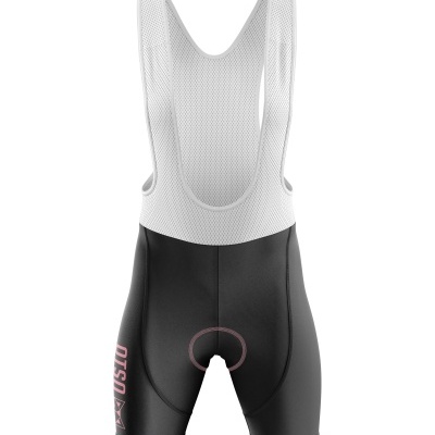 Calções de ciclismo femininos pretos e brancos com detalhes rosa e texto OTZO Cycling
