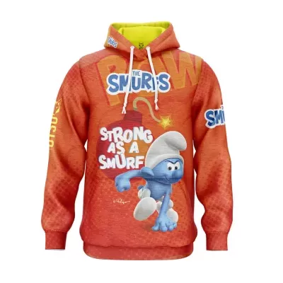 Sweatshirt vermelha com capuz amarelo, estampa Smurf musculado e texto THE SMURFS, STRONG AS A SMURF.