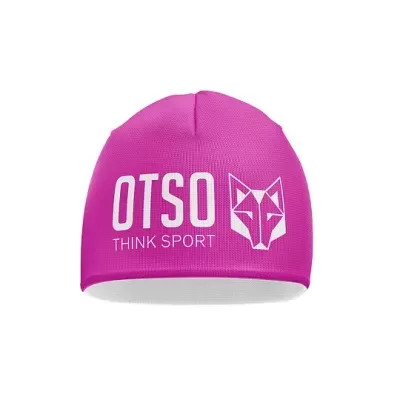 Gorro desportivo rosa com texto branco e logotipo de raposa