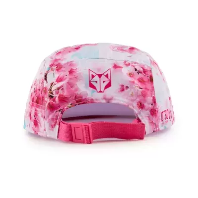 Boné floral rosa e branco com fecho ajustável e logótipos rosa