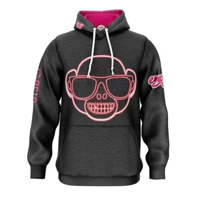 Hoodie preto com estampa de macaco de óculos e detalhes rosa
