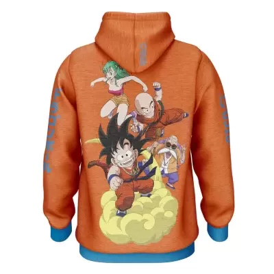 Camisola com capuz laranja e personagens de anime estampados nas costas
