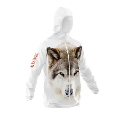 Casaco branco com capuz e estampagem de lobo na frente e texto vermelho na manga