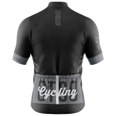 Camisa de ciclismo preta e cinza com mangas curtas e texto Cycling na parte de trás