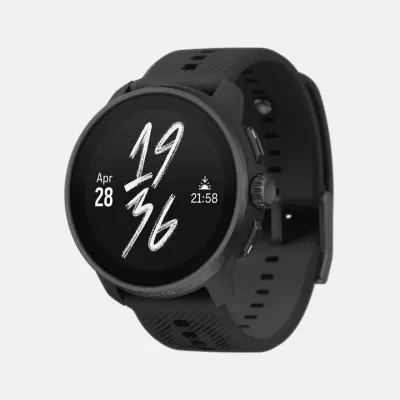 Relógio inteligente preto com visor digital e bracelete preta texturizada