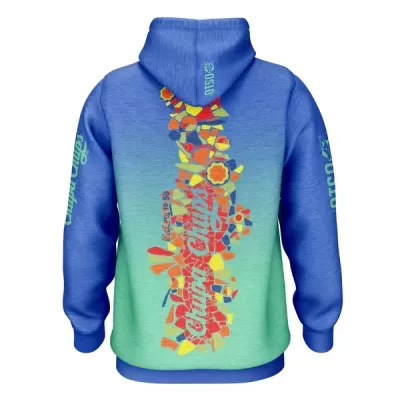 Camisola com capuz azul e verde com estampa colorida nas costas