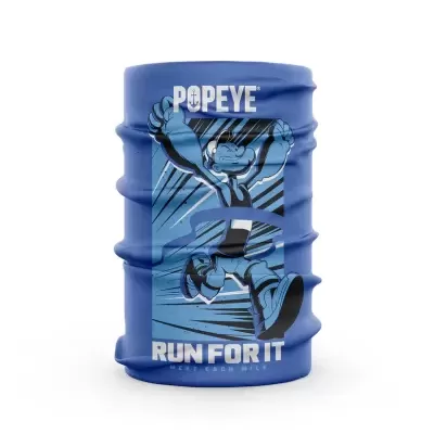 Cachecol tubular azul com desenho do Popeye e texto promocional em branco