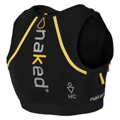 Coletor de desporto preto com detalhes amarelos e cinzentos e texto 'naked'.