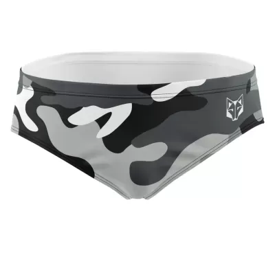 Slip de banho masculino camuflado cinza e preto com logo de raposa