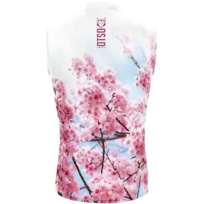 Colete sem mangas com padrão de flores de cerejeira cor-de-rosa e texto OSIO