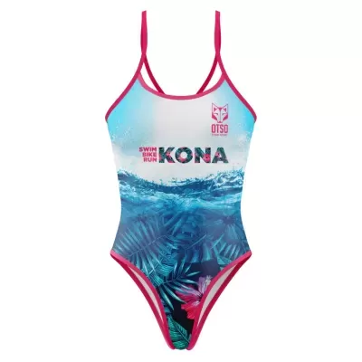 Fato de banho feminino com padrão azul e rosa e texto KONA
