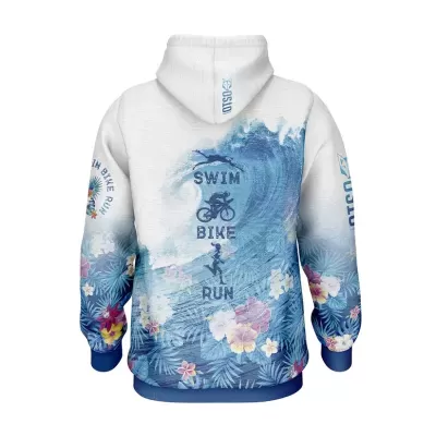 Sweatshirt com capuz branca e azul com padrão floral e texto SWIM BIKE RUN