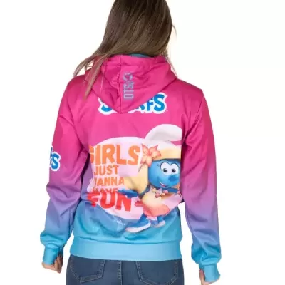 Casaco hoodie rosa e azul com personagem dos Smurfs e texto nas costas