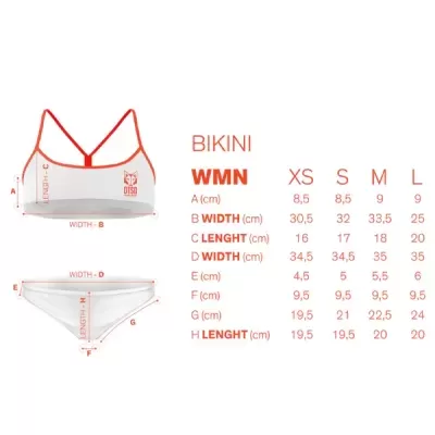 Guia de tamanhos para bikini feminino OT50 com medições em centímetros para XS, S, M e L