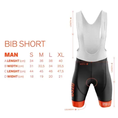 Bib short ciclismo masculino preto e laranja com alças brancas e tabela de medidas