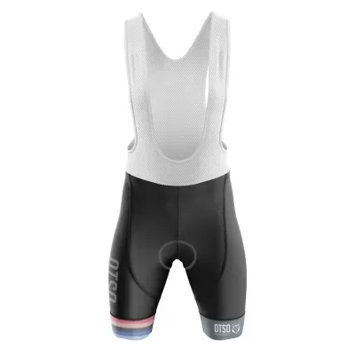 Calções de ciclismo pretos e brancos com peitoral em malha e logótipos OTSD e FIT.