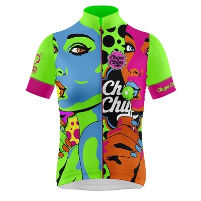 Camisola de ciclismo colorida com padrão pop art e logo Chupa Chups