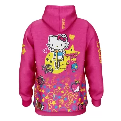 Casaco hoodie rosa com estampa colorida e personagem Hello Kitty na parte de trás