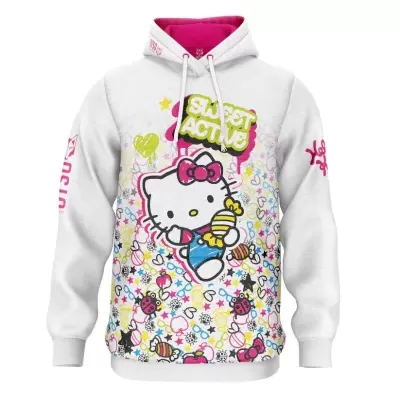 Sweatshirt branca com capuz rosa e estampa colorida da Hello Kitty com abelhas e texto SWEET ACTIVE