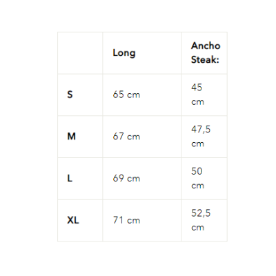 Tabela de tamanhos com medidas Long e Ancho Steak para diferentes tamanhos