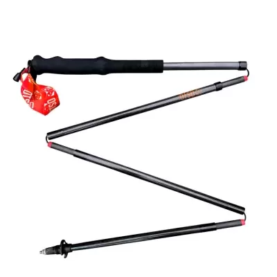 Bengala dobrável de metal cinzento com pega negra e cinta vermelha