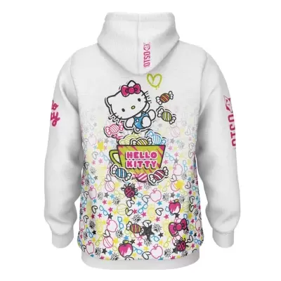 Sweatshirt branca com ilustração colorida da Hello Kitty e texto HELLO KITTY