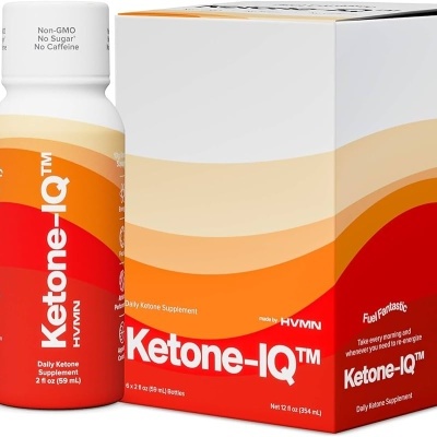 Frasco e caixa do suplemento Ketone-IQ com rótulo laranja, vermelho e amarelo