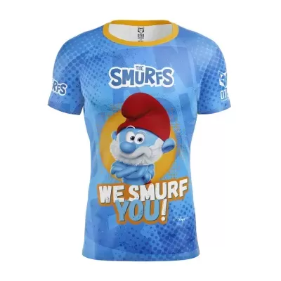 Camiseta azul com personagem dos Smurfs e texto WE SMURF YOU!