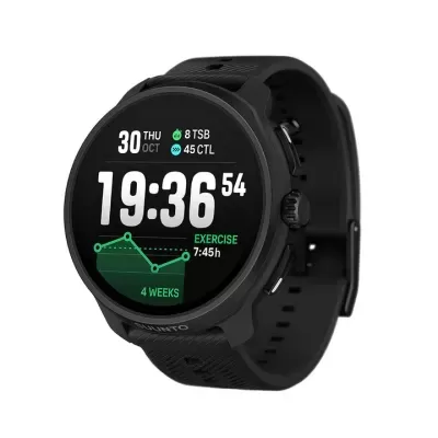 Relógio inteligente preto com ecrã digital redondo mostrando dados de exercício e hora.