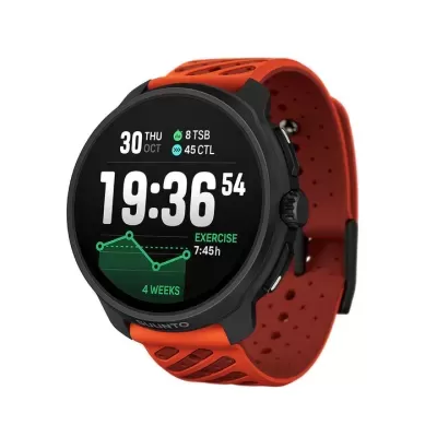 Relógio smartwatch Suunto com pulseira laranja e ecrã digital