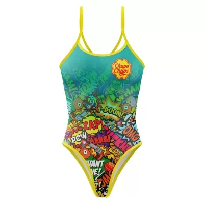 fato de banho azul e amarelo com padrão de banda desenhada e logótipo Chupa Chups