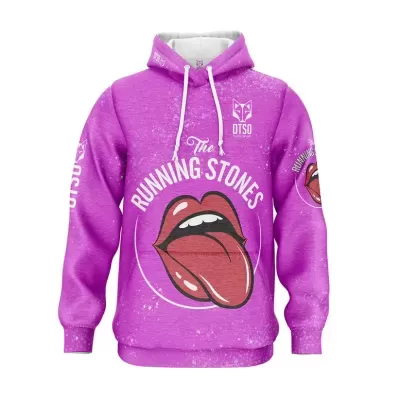 Sweatshirt rosa com desenho de boca e texto The RUNNING STONES