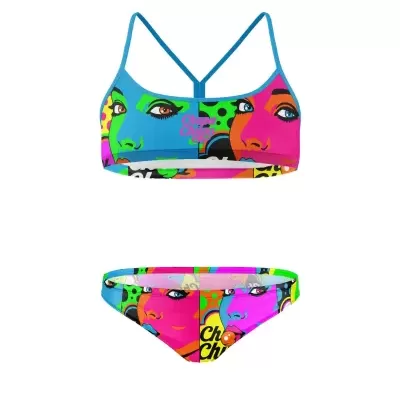 Biquíni colorido com padrão pop art e texto 'Che Che'