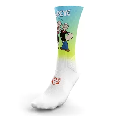 Meia branca com personagens Popeye e fundo em degradê azul a amarelo